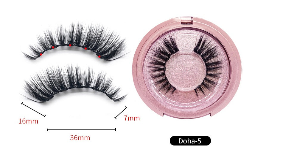 False eyelashes with a pink case and measurements on a white background