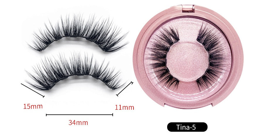 False eyelashes with a pink compact case and measurements on a white background