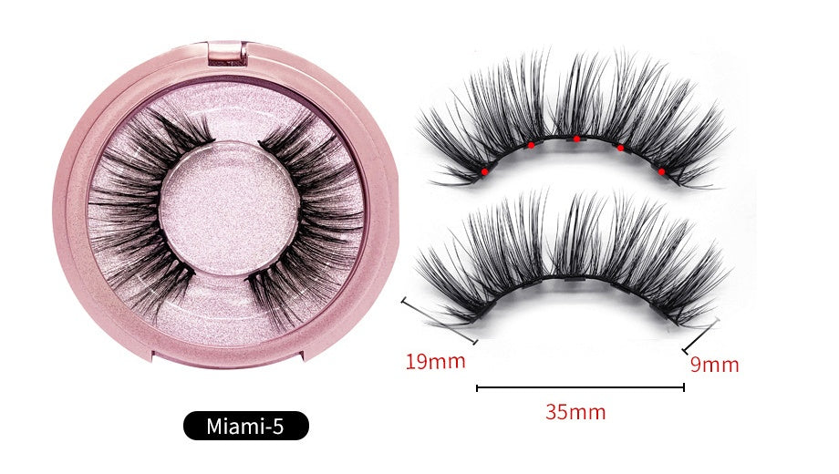 False eyelashes with a pink case and measurements on a white background