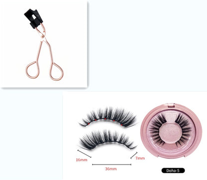 Set of false eyelashes with a lash applicator and measurements on a white background