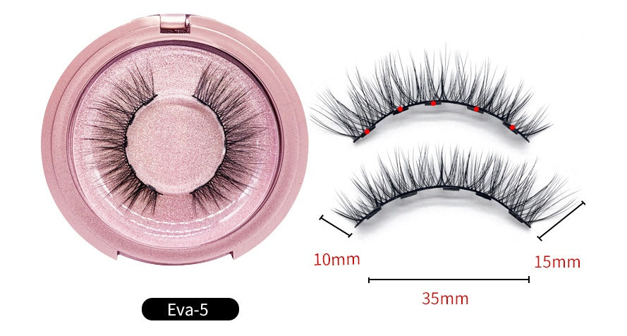 False eyelashes in a pink case with measurements on a white background