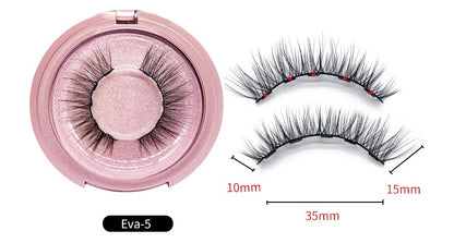 False eyelashes in a pink case with measurements on a white background