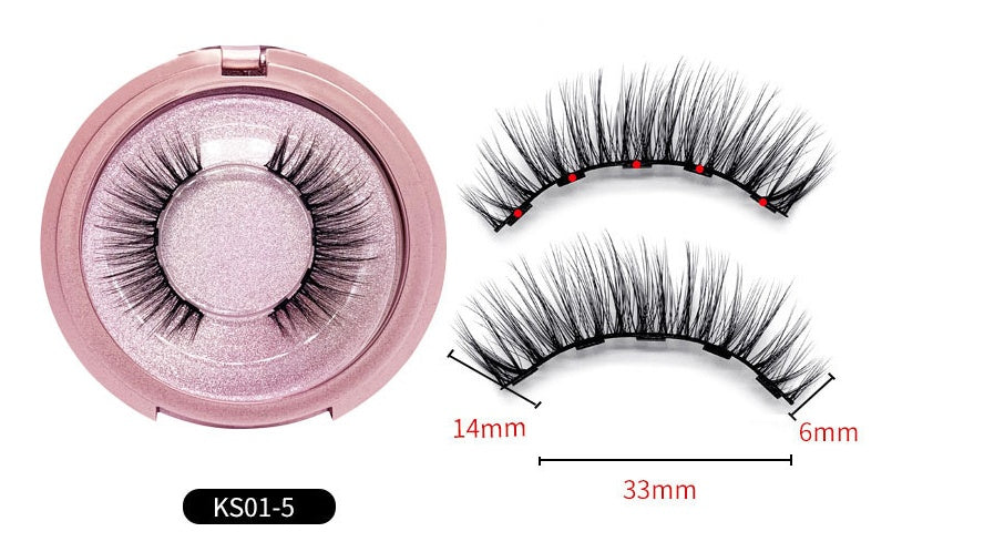 Set of false eyelashes with a pink compact case and measurements displayed.