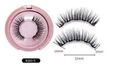 Set of false eyelashes with a pink compact case and measurements displayed.