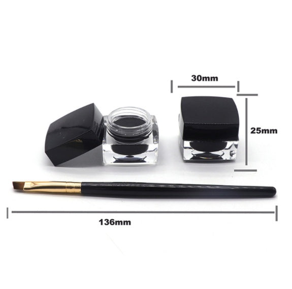 Eyeliner set with two small jars, a brush, and measurements on a white background