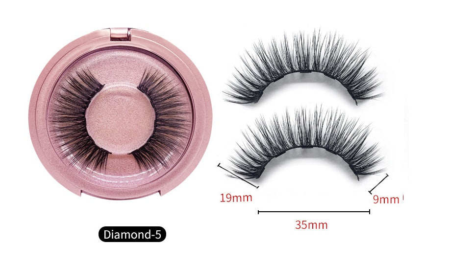 False eyelashes in a pink case with measurements on a white background