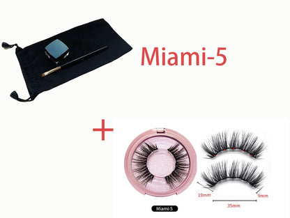 Eyelash packaging with a case, applicator, and two pairs of false eyelashes labeled 'Miami-5' on a white background.