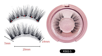 False eyelashes with measurements and a pink case on a white background