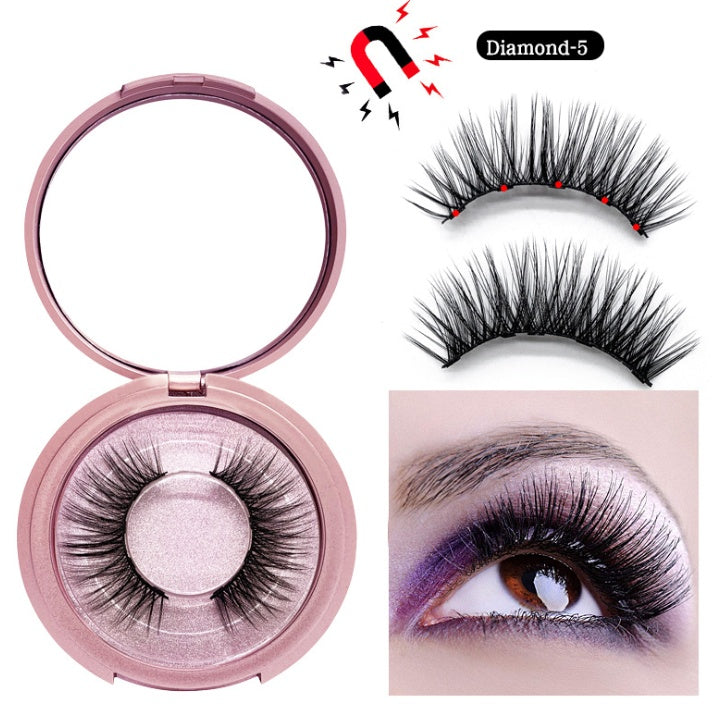 Magnetic false eyelashes in a compact case with close-up of application on an eye.