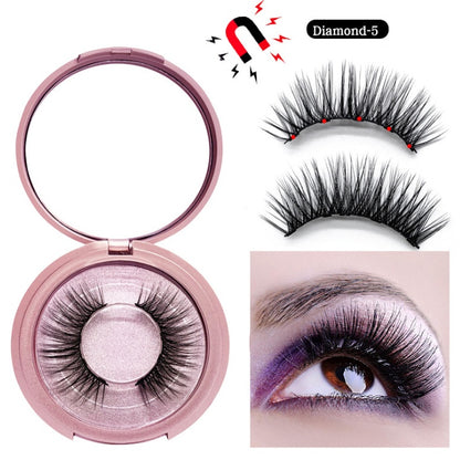 Magnetic false eyelashes in a compact case with close-up of application on an eye.