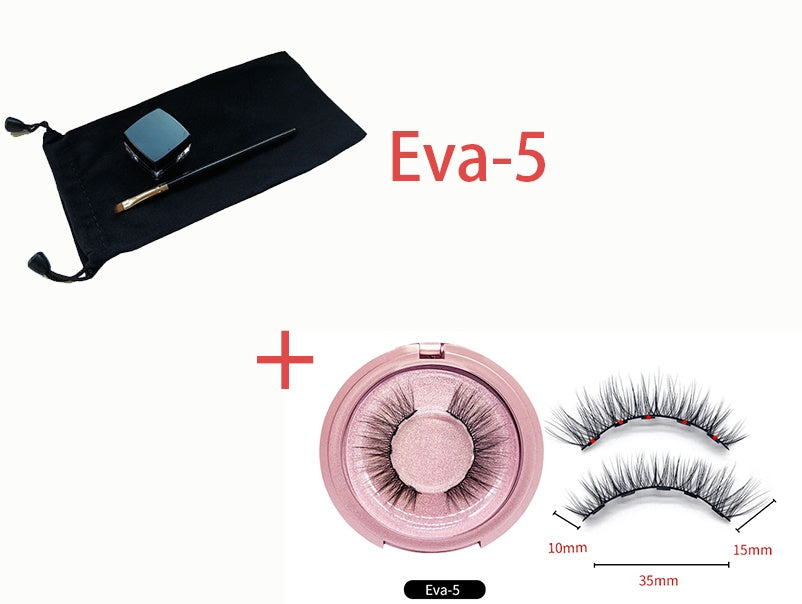 Eyelash set with pink case, false eyelashes, and black pouch on a white background.