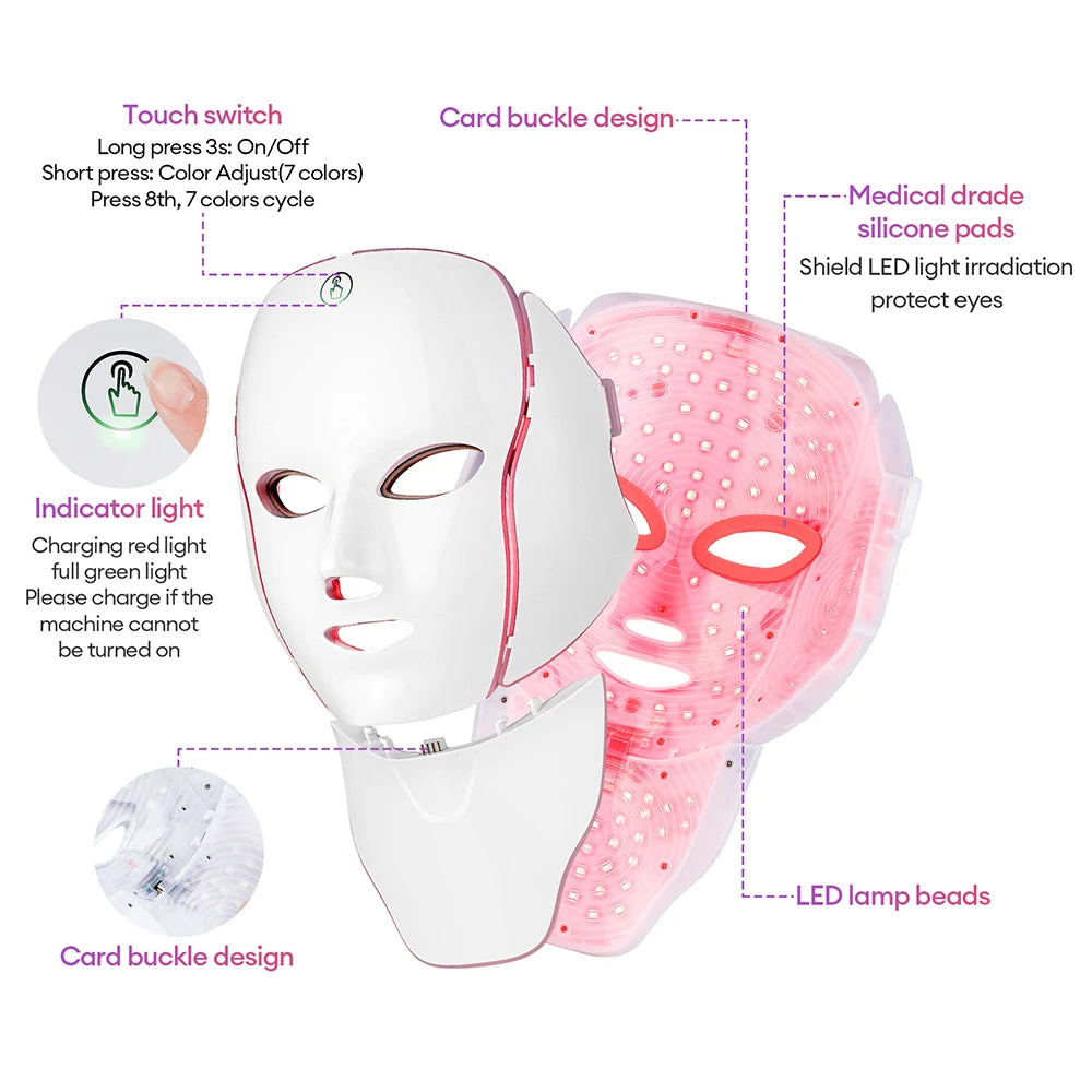 7 Colors LED Facial Mask with Neck LED Light Photon Mask Skin Rejuvenation Anti Acne Beauty Device Face Lifting Firm Massager