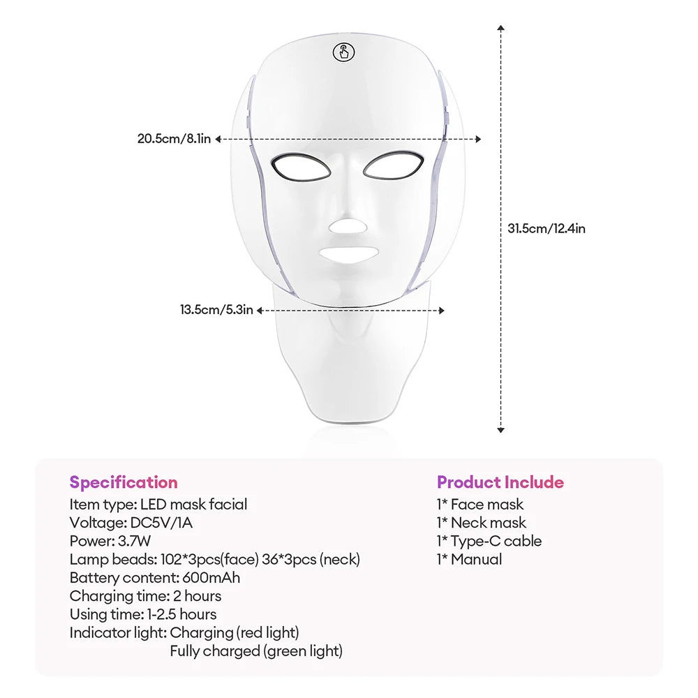7 Colors LED Facial Mask with Neck LED Light Photon Mask Skin Rejuvenation Anti Acne Beauty Device Face Lifting Firm Massager