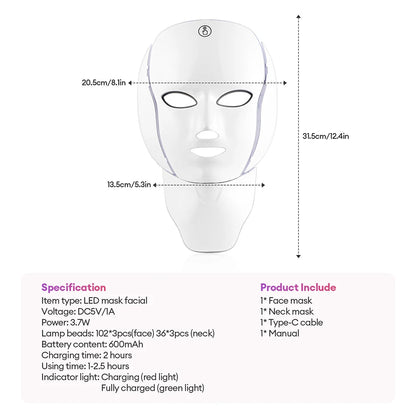 7 Colors LED Facial Mask with Neck LED Light Photon Mask Skin Rejuvenation Anti Acne Beauty Device Face Lifting Firm Massager