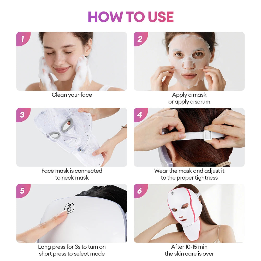 7 Colors LED Facial Mask with Neck LED Light Photon Mask Skin Rejuvenation Anti Acne Beauty Device Face Lifting Firm Massager