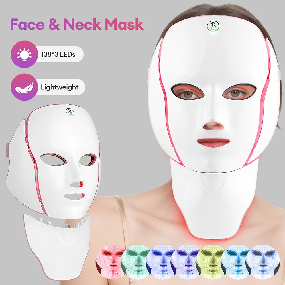 7 Colors LED Facial Mask with Neck LED Light Photon Mask Skin Rejuvenation Anti Acne Beauty Device Face Lifting Firm Massager