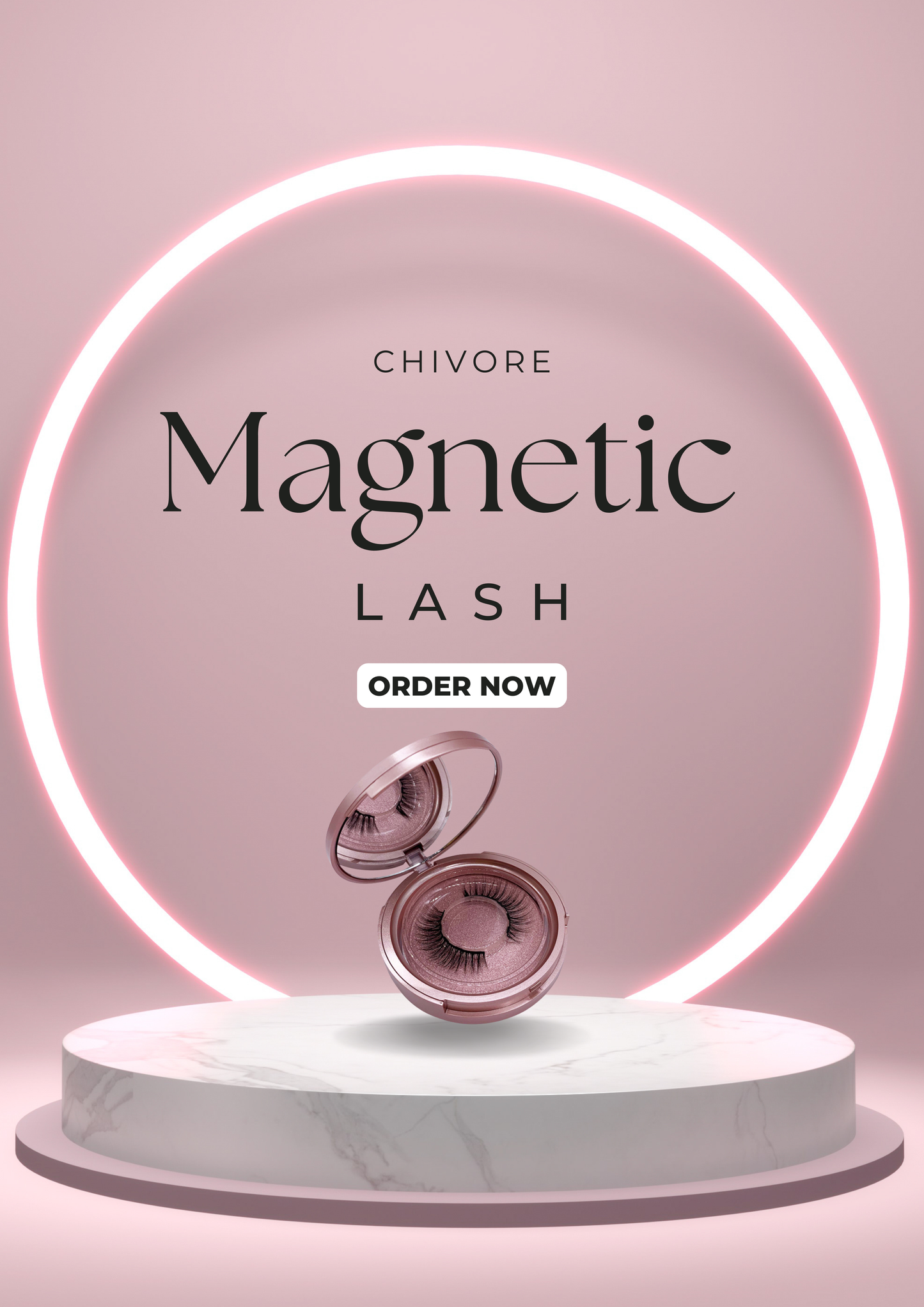 Chivore magnetic lash packaging with a pink neon ring and marble base