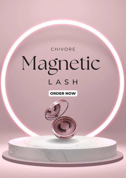 Chivore magnetic lash packaging with a pink neon ring and marble base