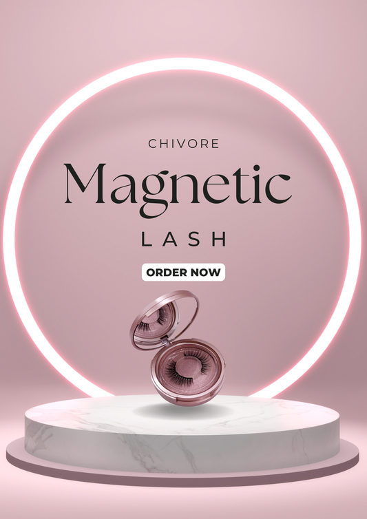 Chivore magnetic lash packaging with a pink neon ring and marble base